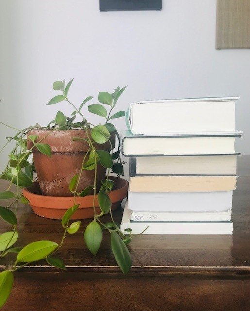 Stack of books and plant